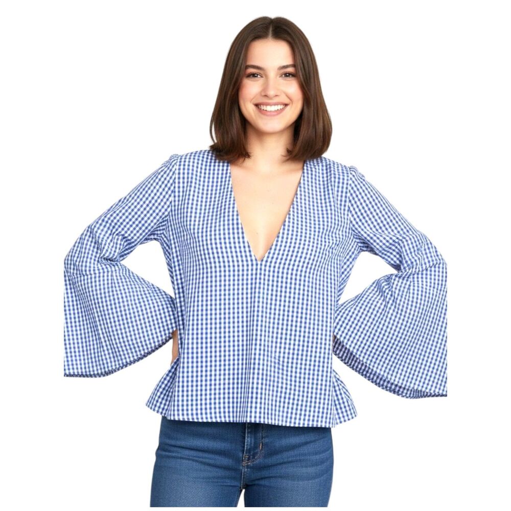Zara Womens NWOT XS Fits S Blue Gingham Blouse Bell Sleeve Swing V Neck Cotton‎